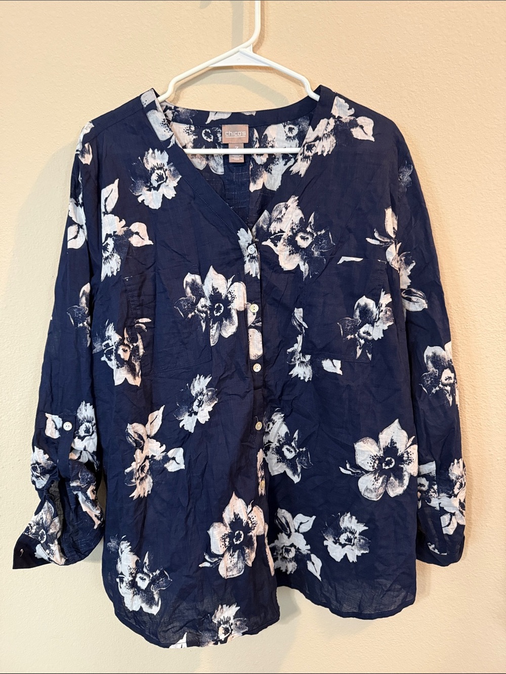 Chico's Navy and White Floral V-Neck Button Blouse